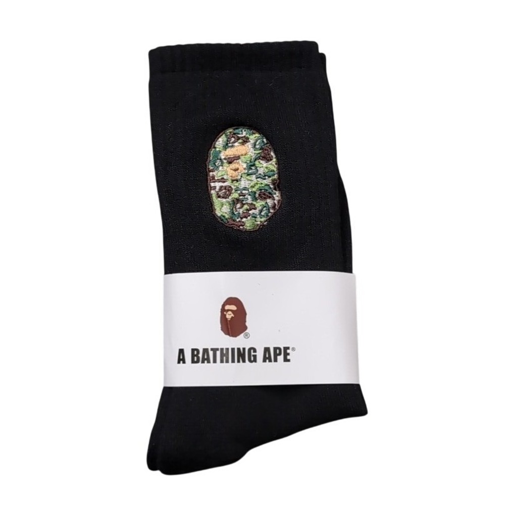 Bape Crew Socks Embroidered Ape Head Mens Womens Unisex Sz 9-11 Black Green Camo